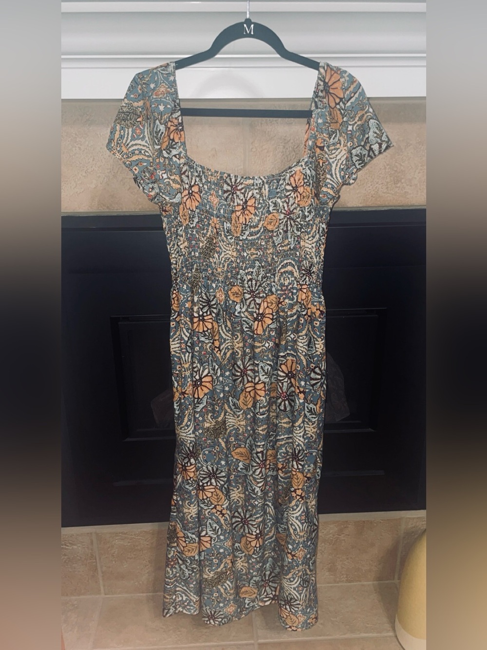 Floral Smocked Square-Neck Midi Dress - Blue & Orange